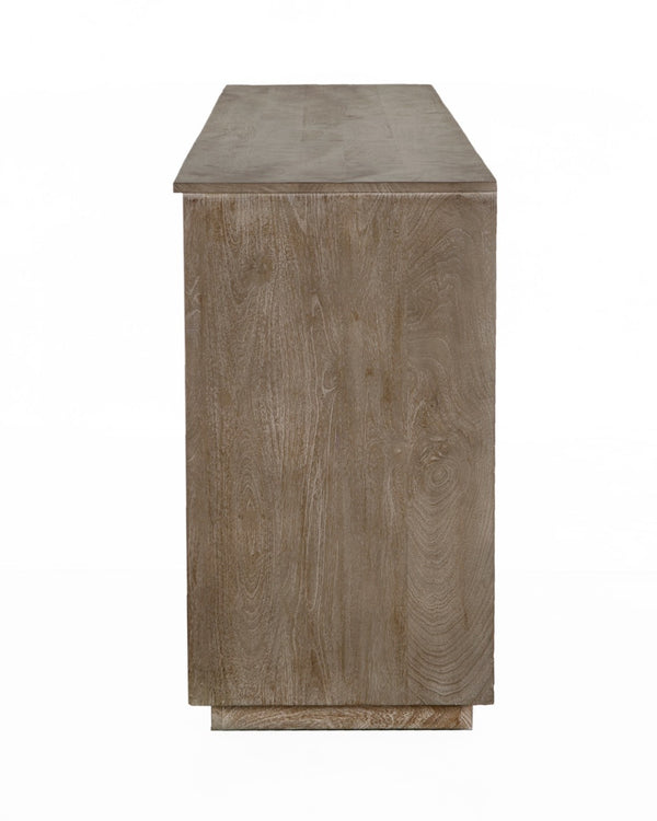HomeRoots 80" Brown Distressed Solid Wood Sideboard with Hand-Carved Geometric Design and Ample Storage Space 606297
