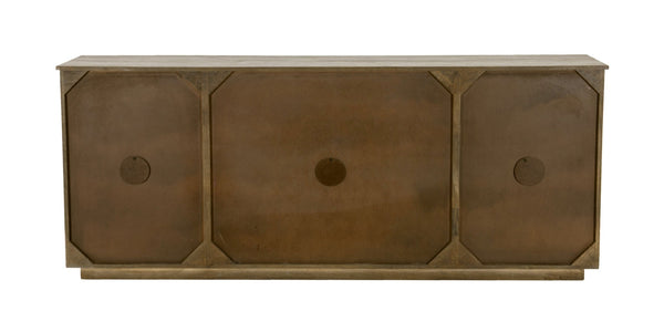 HomeRoots 80" Brown Distressed Solid Wood Sideboard with Hand-Carved Geometric Design and Ample Storage Space 606297