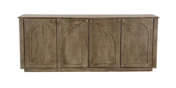 HomeRoots 80" Brown Distressed Solid Wood Sideboard with Hand-Carved Geometric Design and Ample Storage Space 606297