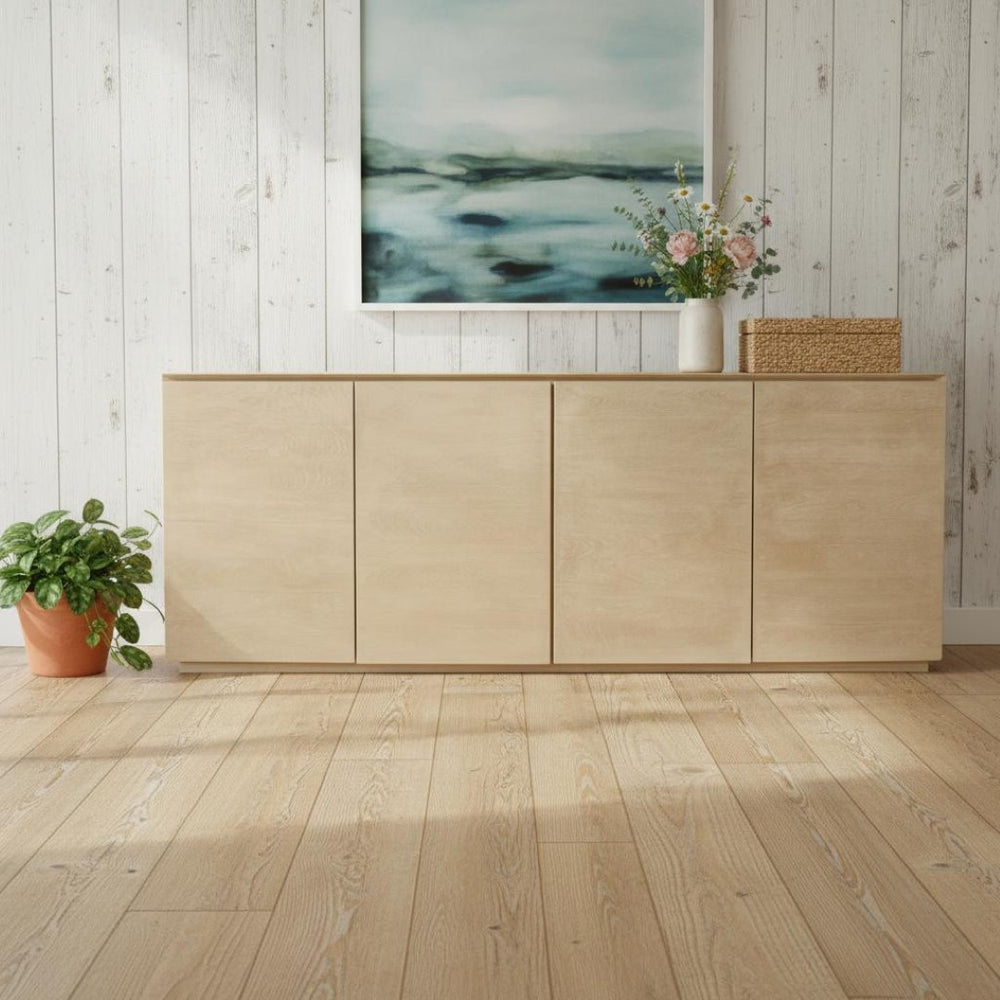 HomeRoots 80" Natural Distressed Solid Wood Sideboard - Versatile Storage Cabinet for Dining & Living Spaces 606298