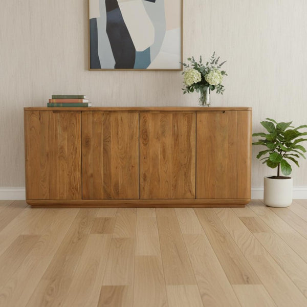 HomeRoots 72" Tan Distressed Solid Wood Sideboard - Stylish Storage with Soft-Close Doors for Any Room 606303