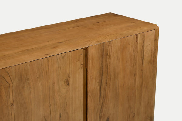 HomeRoots 96" Tan Distressed Solid Wood Sideboard - Versatile Storage Buffet with Soft-Close Doors & Shelves 606306