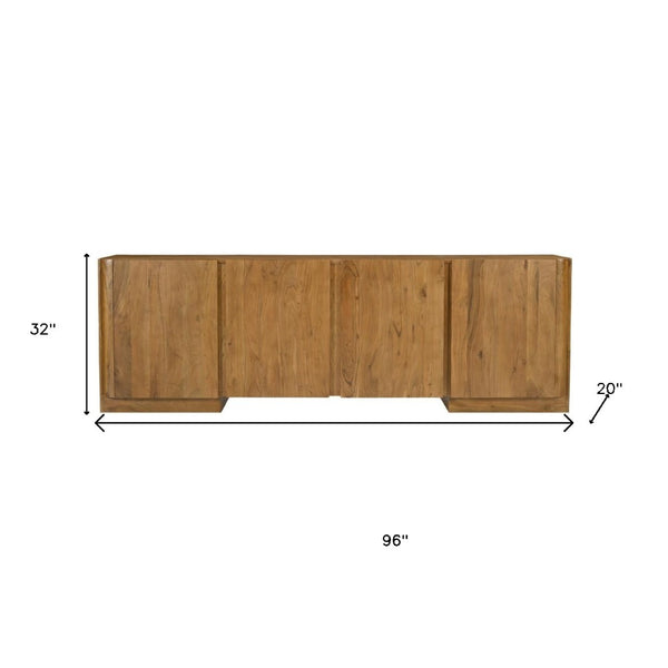 HomeRoots 96" Tan Distressed Solid Wood Sideboard - Versatile Storage Buffet with Soft-Close Doors & Shelves 606306
