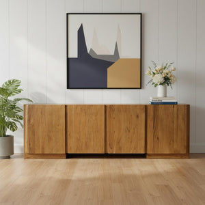 HomeRoots 96" Tan Distressed Solid Wood Sideboard - Versatile Storage Buffet with Soft-Close Doors & Shelves 606306