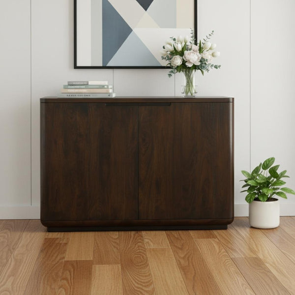 HomeRoots 48" Distressed Dark Brown Solid Wood Sideboard - Rustic Storage Cabinet with Paneled Doors & Shelves 606307