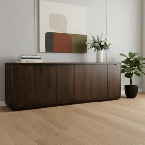 HomeRoots 96" Dark Brown Distressed Solid Wood Sideboard - Stylish Storage Solution for Modern & Rustic Homes 606309
