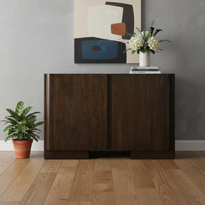 HomeRoots 48" Dark Brown Distressed Solid Wood Sideboard - Versatile Buffet with Soft-Close Doors & Storage 606310