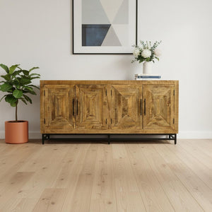HomeRoots 78" Natural Distressed Solid Wood Sideboard - Rustic Charm Meets Modern Storage for Any Room 606312
