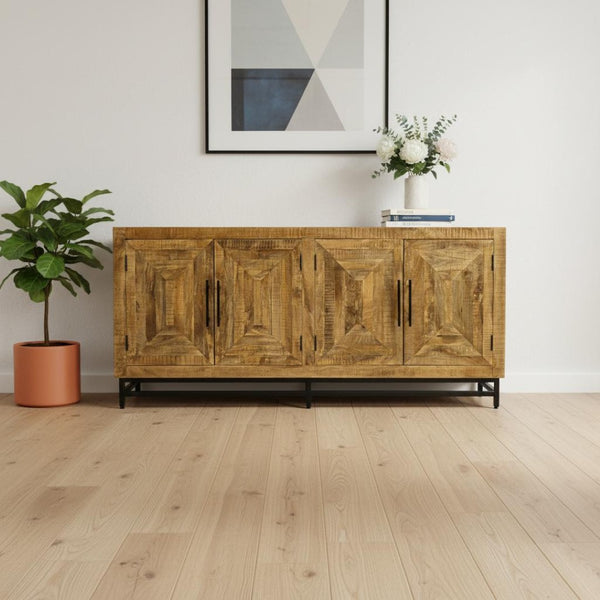 HomeRoots 78" Natural Distressed Solid Wood Sideboard - Rustic Charm Meets Modern Storage for Any Room 606312