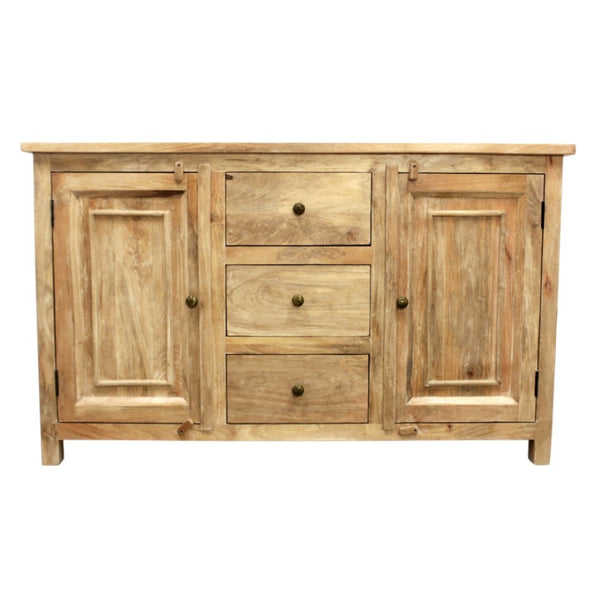 HomeRoots 60" Natural Distressed Solid Wood Sideboard - Coastal-Inspired Storage with Elegant Brass Hardware 606318