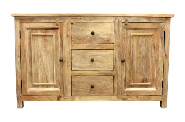 HomeRoots 60" Natural Distressed Solid Wood Sideboard - Coastal-Inspired Storage with Elegant Brass Hardware 606318