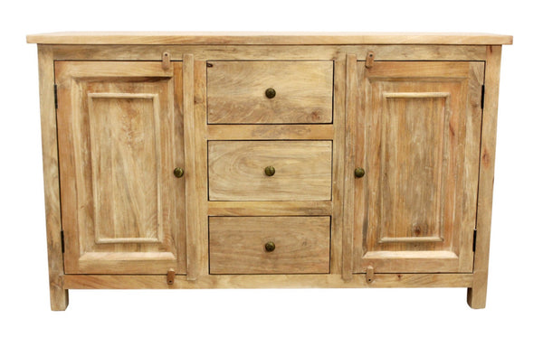 HomeRoots 60" Natural Distressed Solid Wood Sideboard - Coastal-Inspired Storage with Elegant Brass Hardware 606318