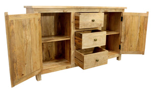 HomeRoots 60" Natural Distressed Solid Wood Sideboard - Coastal-Inspired Storage with Elegant Brass Hardware 606318
