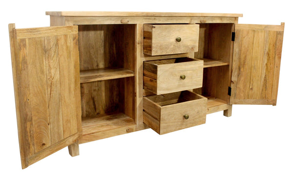HomeRoots 60" Natural Distressed Solid Wood Sideboard - Coastal-Inspired Storage with Elegant Brass Hardware 606318