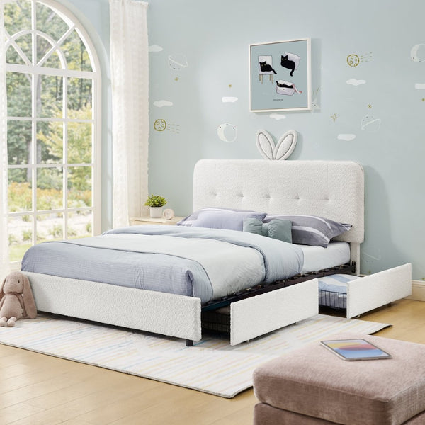 English Elm Full Size Kids Storage Bed Boucle Upholstered Rabbit Ear Headboard with Led Lighting Beige W1413P384924
