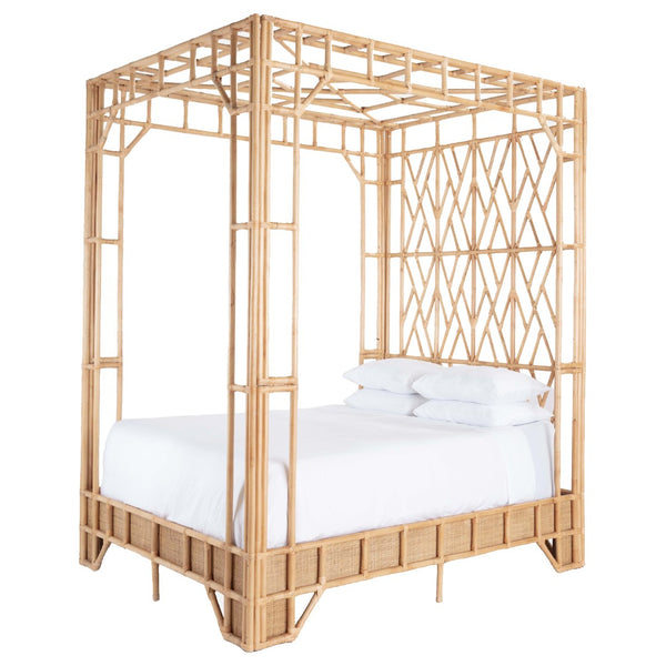 Chelsea House Paradise Handcrafted Canopy Bed Queen — Pole Rattan Fretwork, Teak Slat Support, 8.5Ft Dramatic Loft 60639094