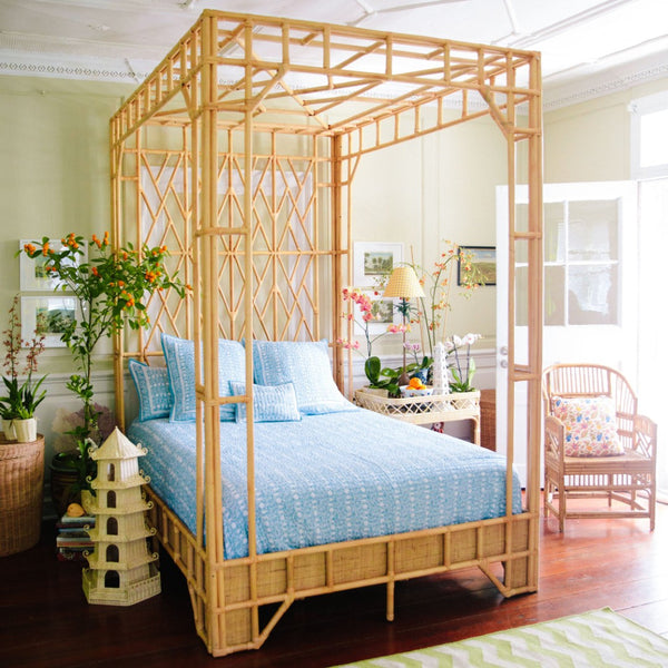 Chelsea House Paradise Handcrafted Canopy Bed Queen — Pole Rattan Fretwork, Teak Slat Support, 8.5Ft Dramatic Loft 60639094