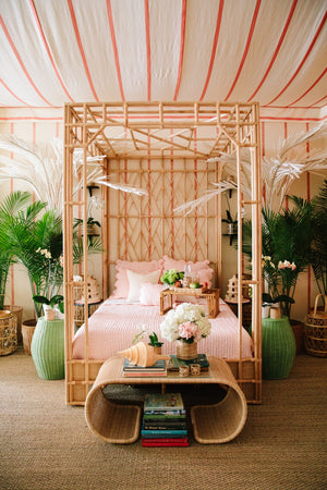 Chelsea House Paradise Handcrafted Canopy Bed Queen — Pole Rattan Fretwork, Teak Slat Support, 8.5Ft Dramatic Loft 60639094