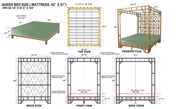 Chelsea House Paradise Handcrafted Canopy Bed Queen — Pole Rattan Fretwork, Teak Slat Support, 8.5Ft Dramatic Loft 60639094
