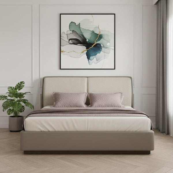 HomeRoots Gray Faux Leather King Bed Frame with Cream Upholstery & Tufted Headboard – Modern, Durable Design 606420