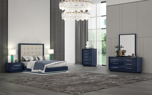 HomeRoots Blue Queen Bed Frame with LED Lighting - Modern Blue Lacquer & Gray Tufted Faux Leather Design 606422