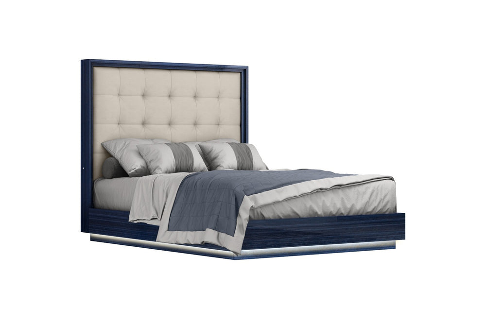 HomeRoots Blue Queen Bed Frame with LED Lighting - Modern Blue Lacquer & Gray Tufted Faux Leather Design 606422