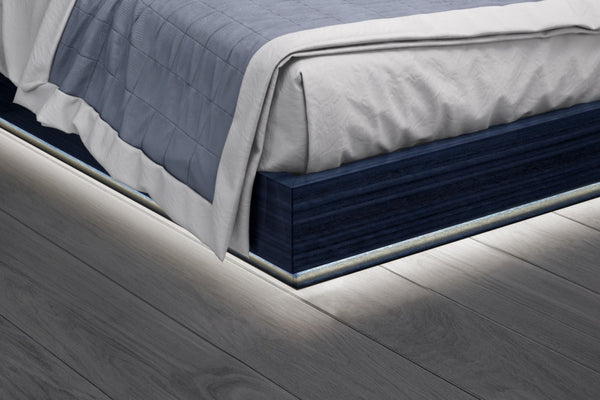 HomeRoots Blue Queen Bed Frame with LED Lighting - Modern Blue Lacquer & Gray Tufted Faux Leather Design 606422