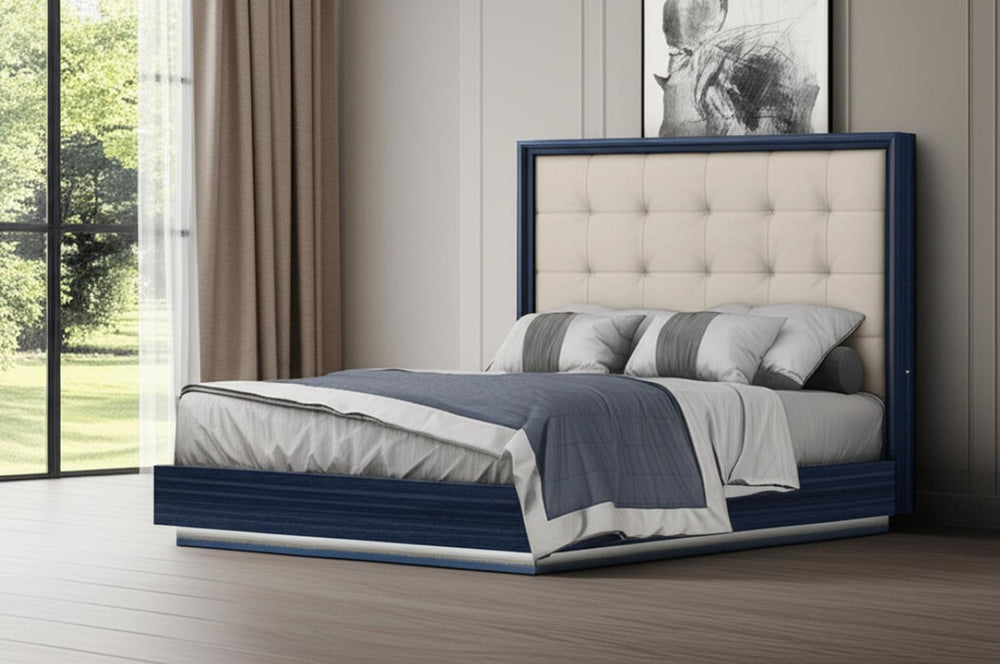 HomeRoots Blue Queen Bed Frame with LED Lighting - Modern Blue Lacquer & Gray Tufted Faux Leather Design 606422