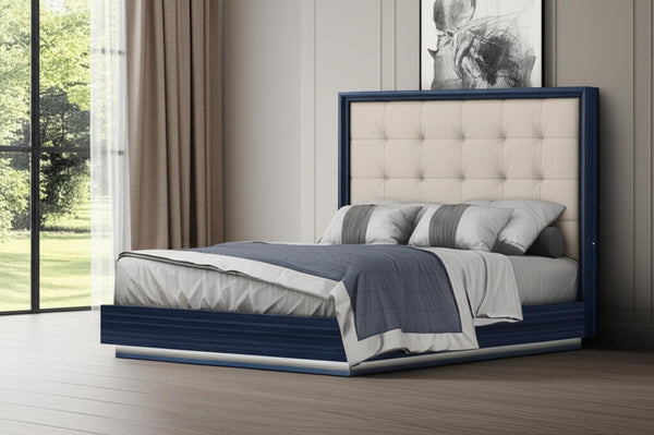 HomeRoots Blue Queen Bed Frame with LED Lighting - Modern Blue Lacquer & Gray Tufted Faux Leather Design 606422