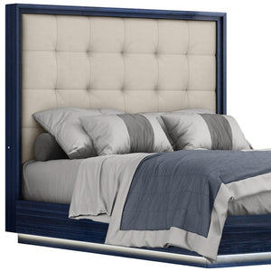 HomeRoots Blue Queen Bed Frame with LED Lighting - Modern Blue Lacquer & Gray Tufted Faux Leather Design 606422