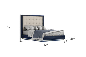 HomeRoots Blue Queen Bed Frame with LED Lighting - Modern Blue Lacquer & Gray Tufted Faux Leather Design 606422