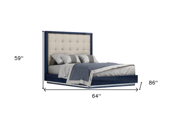 HomeRoots Blue Queen Bed Frame with LED Lighting - Modern Blue Lacquer & Gray Tufted Faux Leather Design 606422