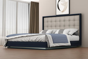 HomeRoots Blue Modern King Bed Frame with Tufted Gray Faux Leather and LED Lighting | Stylish & Durable Design 606427