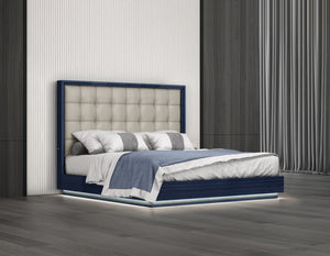 HomeRoots Blue Modern King Bed Frame with Tufted Gray Faux Leather and LED Lighting | Stylish & Durable Design 606427