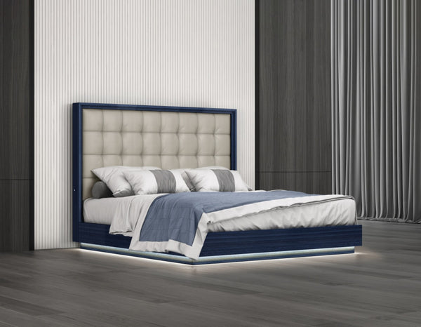 HomeRoots Blue Modern King Bed Frame with Tufted Gray Faux Leather and LED Lighting | Stylish & Durable Design 606427