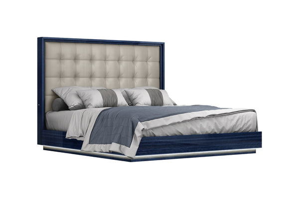 HomeRoots Blue Modern King Bed Frame with Tufted Gray Faux Leather and LED Lighting | Stylish & Durable Design 606427