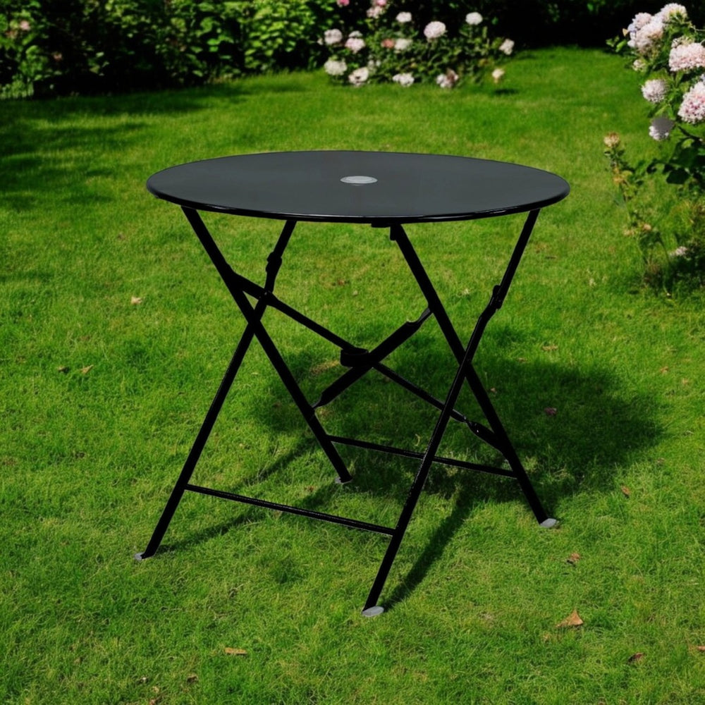 HomeRoots 30" Black Folding Aluminum Bistro Table with Umbrella Hole - Perfect for Small Outdoor Spaces! 606428