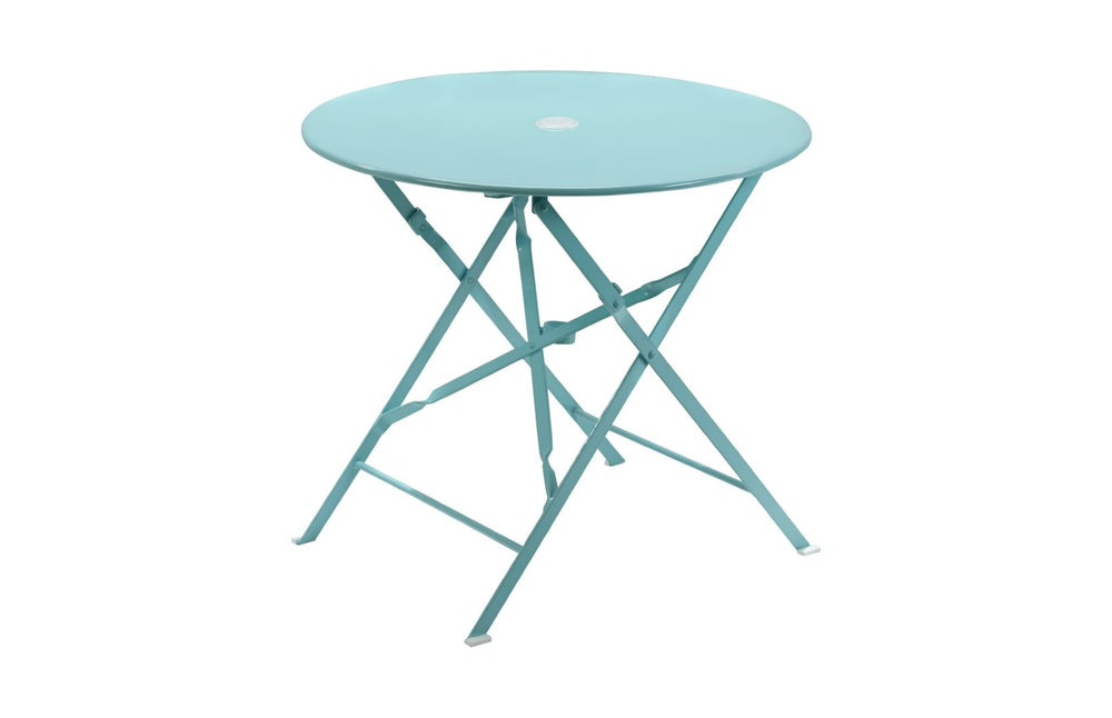 HomeRoots 30" Aqua Bistro Table - Stylish Folding Outdoor Table with Umbrella Hole for Small Spaces & Relaxation 606429