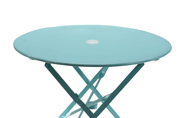 HomeRoots 30" Aqua Bistro Table - Stylish Folding Outdoor Table with Umbrella Hole for Small Spaces & Relaxation 606429