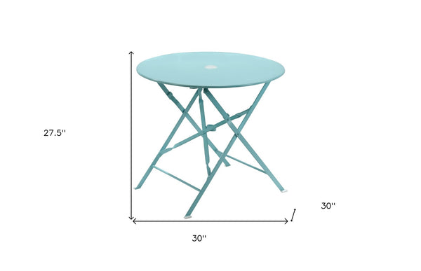 HomeRoots 30" Aqua Bistro Table - Stylish Folding Outdoor Table with Umbrella Hole for Small Spaces & Relaxation 606429