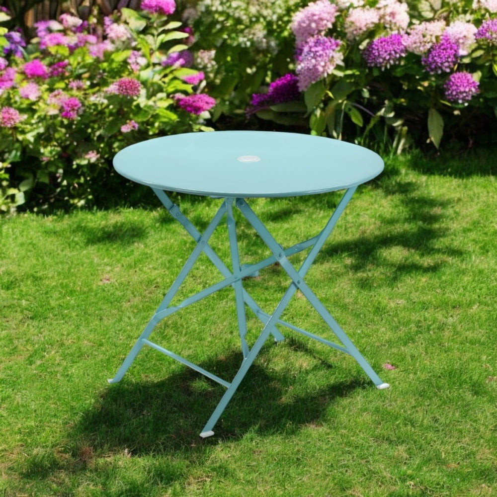 HomeRoots 30" Aqua Bistro Table - Stylish Folding Outdoor Table with Umbrella Hole for Small Spaces & Relaxation 606429