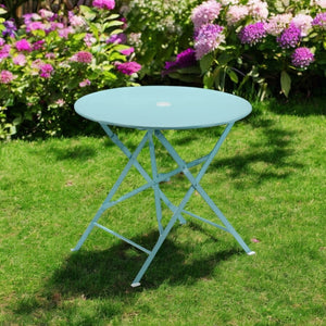 HomeRoots 30" Aqua Bistro Table - Stylish Folding Outdoor Table with Umbrella Hole for Small Spaces & Relaxation 606429