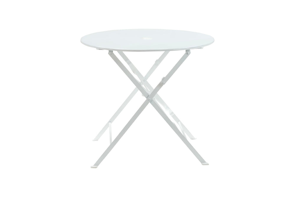 HomeRoots 30" White Rounded Aluminum Folding Bistro Table – Stylish, Space-Saving & Umbrella-Ready for Outdoors 606430