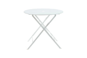 HomeRoots 30" White Rounded Aluminum Folding Bistro Table – Stylish, Space-Saving & Umbrella-Ready for Outdoors 606430