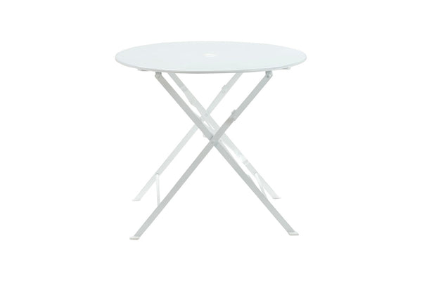 HomeRoots 30" White Rounded Aluminum Folding Bistro Table – Stylish, Space-Saving & Umbrella-Ready for Outdoors 606430