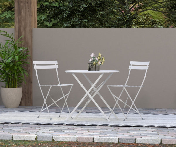 HomeRoots 30" White Rounded Aluminum Folding Bistro Table – Stylish, Space-Saving & Umbrella-Ready for Outdoors 606430