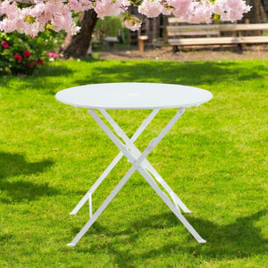 HomeRoots 30" White Rounded Aluminum Folding Bistro Table – Stylish, Space-Saving & Umbrella-Ready for Outdoors 606430