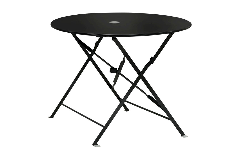 HomeRoots 36" Black Rounded Aluminum Folding Outdoor Dining Table – Stylish, Space-Saving & Umbrella-Ready! 606431