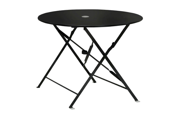 HomeRoots 36" Black Rounded Aluminum Folding Outdoor Dining Table – Stylish, Space-Saving & Umbrella-Ready! 606431