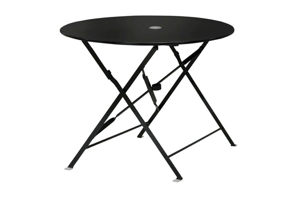 HomeRoots 36" Black Rounded Aluminum Folding Outdoor Dining Table – Stylish, Space-Saving & Umbrella-Ready! 606431